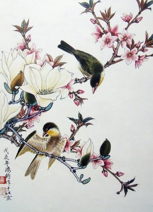 桃花枝上喜鵲飛