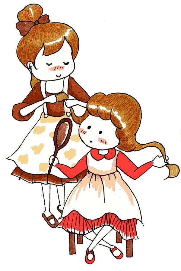 卡通媽媽幫女兒梳辮子