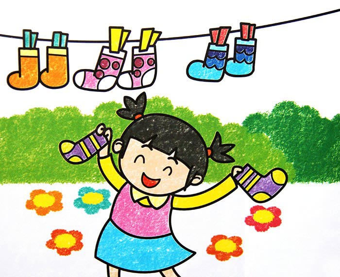 曬襪子的小女孩