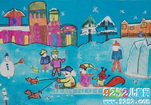 美麗的冬天<a href=http://www.inspiredelm.com/ertonghua/ target=_blank class=infotextkey>兒童畫</a>繪畫-狗拉雪橇