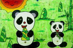 吃竹子的熊貓兒童水彩畫