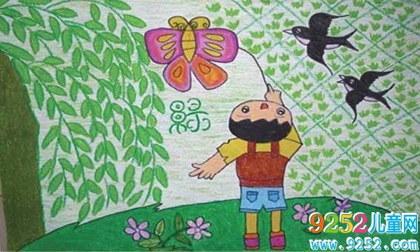 春天<a href=http://www.inspiredelm.com/ertonghua/ target=_blank class=infotextkey>兒童畫(huà)</a>圖片:綠柳春燕放風(fēng)箏