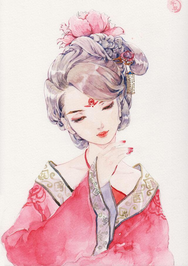 古風紅妝撩人姑娘插畫