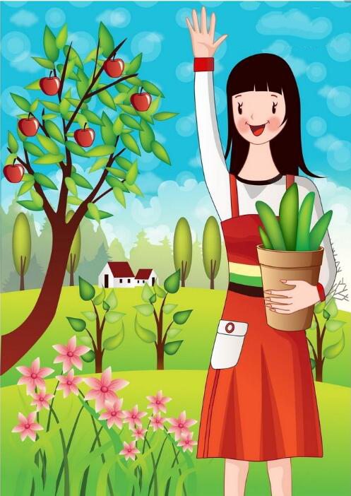 植樹節(jié)插圖，高舉樹苗的女孩