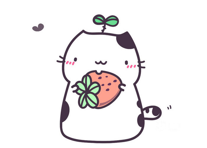 小動物簡筆畫，吃草莓的可愛小貓