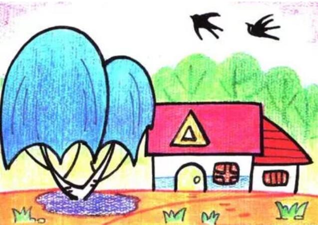 美麗的鄉(xiāng)村風(fēng)景簡筆畫，彩色簡筆畫