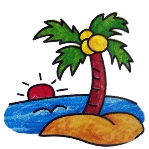 海邊風(fēng)景簡筆畫圖片，海邊的椰子樹