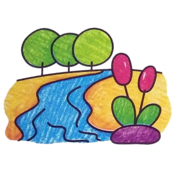 河畔風(fēng)景簡筆畫圖片，美麗的河畔