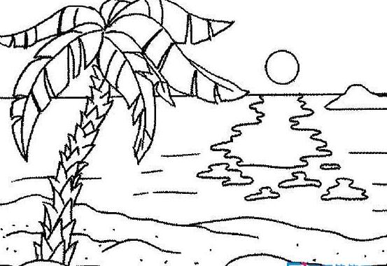 大海與沙灘風景簡筆畫欣賞