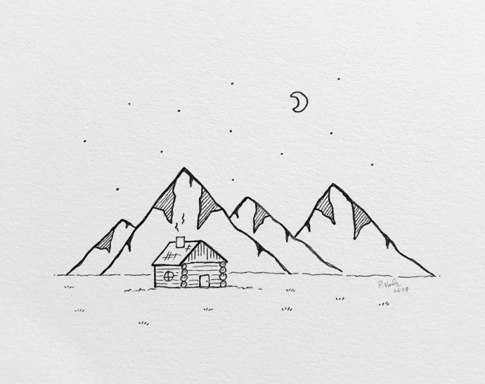 簡單好看的風(fēng)景簡筆畫，山下的房子