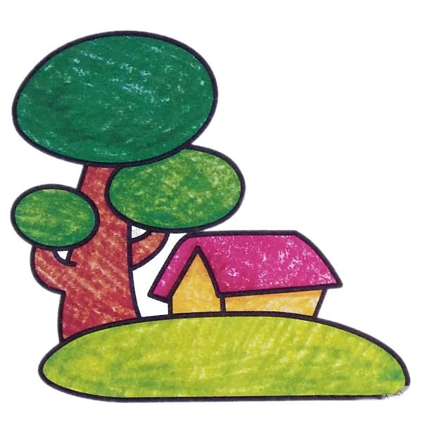 簡單的風(fēng)景簡筆畫圖片，林中小屋簡筆畫