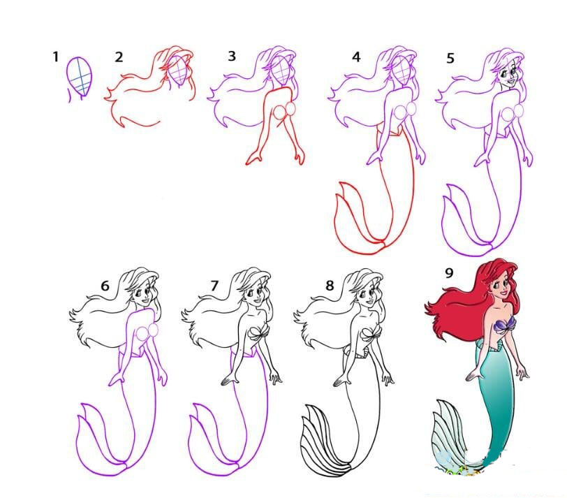 小美人魚的簡筆畫步驟教程_小美人魚愛麗兒