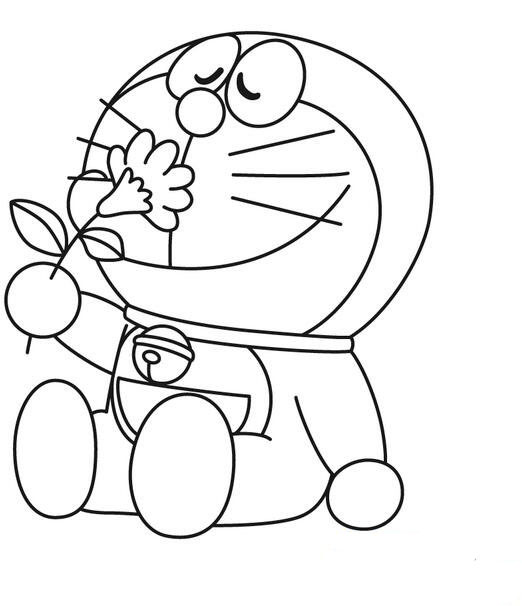 輕嗅花香的哆啦A夢簡筆畫作品欣賞