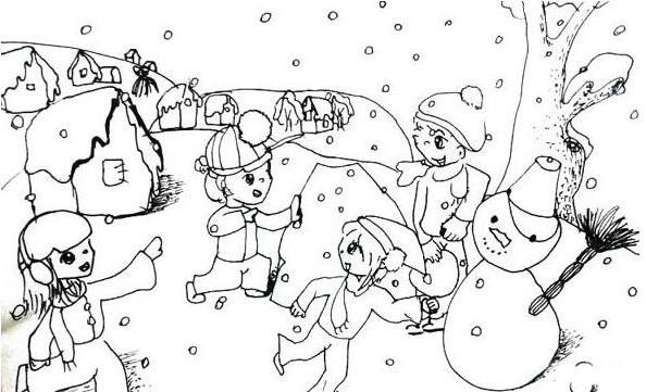 好看的人物簡筆畫圖片，打雪仗