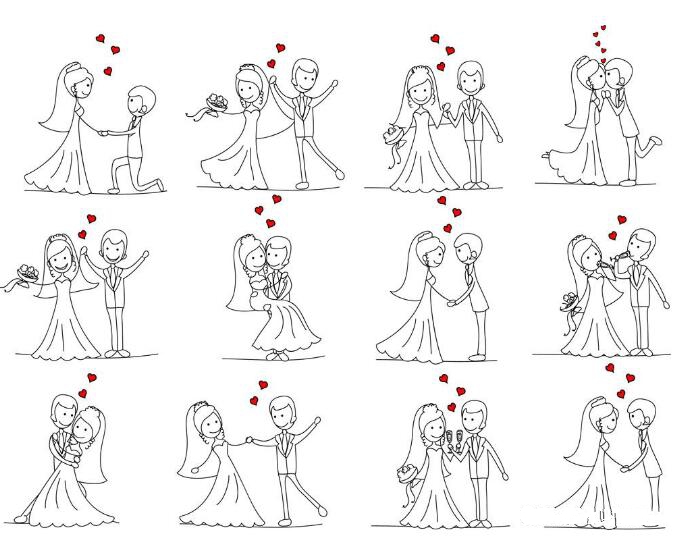 青年情侶結婚簡筆畫大全，簡筆畫情侶結婚照