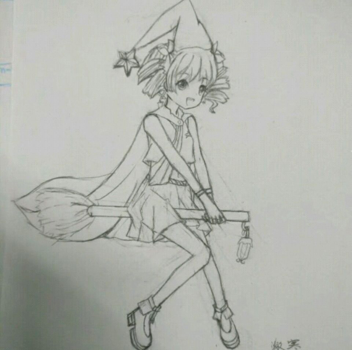 漂亮的卡通人物簡筆畫，騎著掃把的魔法少女