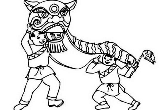 新春舞獅圖，新年人物簡筆畫