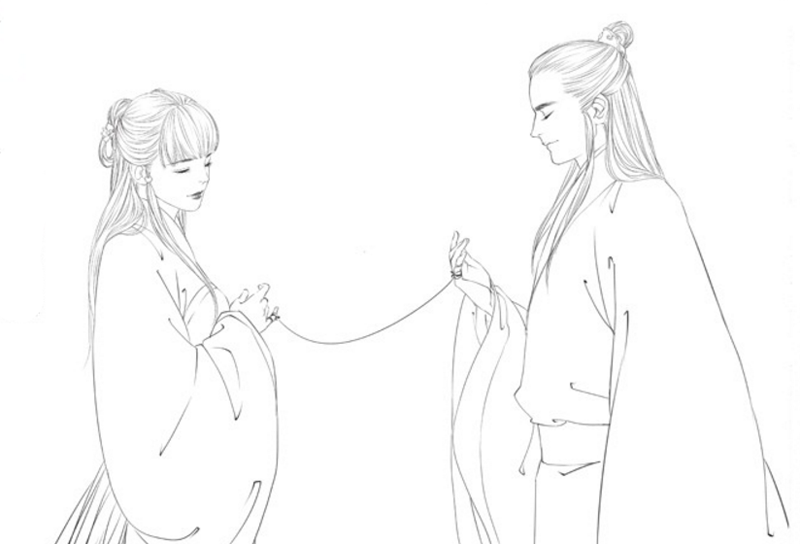 千里姻緣一線牽，古風(fēng)人物簡筆畫