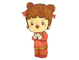 春節(jié)小孩拜年簡筆畫，中國拜年娃娃簡筆畫