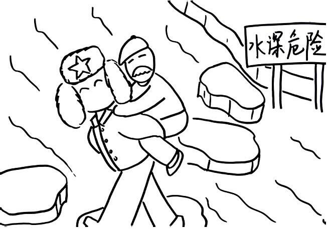 雷鋒簡筆畫圖片，背老人過河的雷鋒