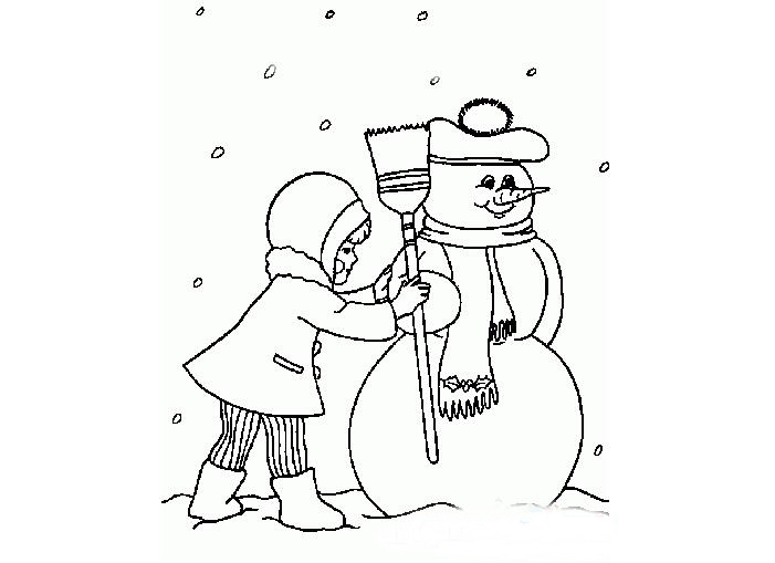 簡單的人物簡筆畫圖片，堆雪人的小姑娘