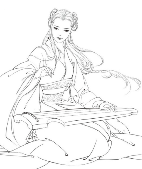 古風(fēng)人物簡筆畫，彈琴的女子