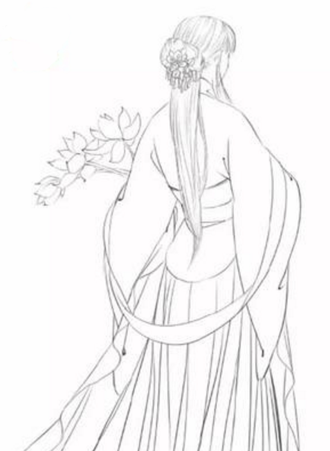 古風(fēng)人物簡筆畫，手拿花的女子背影