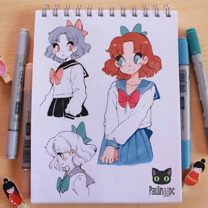 漂亮的動漫人物簡筆畫，馬克筆手繪動漫少女