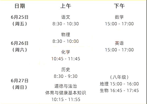 2022年福建中考時間安排表,福建中考2022具體時間