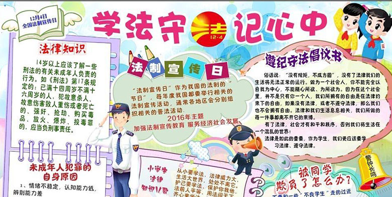 法制教育小報(bào)手抄報(bào)圖片，學(xué)法守法在心中