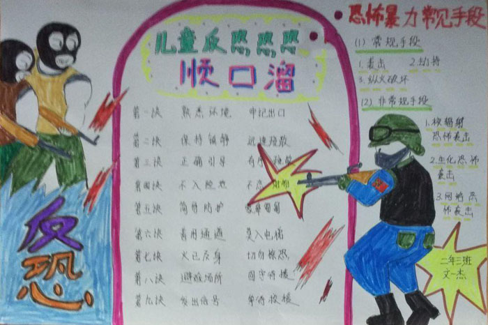 小學(xué)安全教育手抄報圖片，反恐反暴力