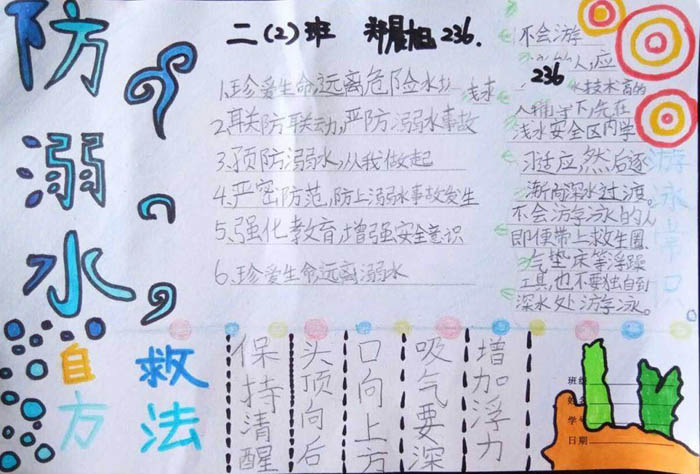 珍愛生命預防溺水手抄報，溺水自救方法
