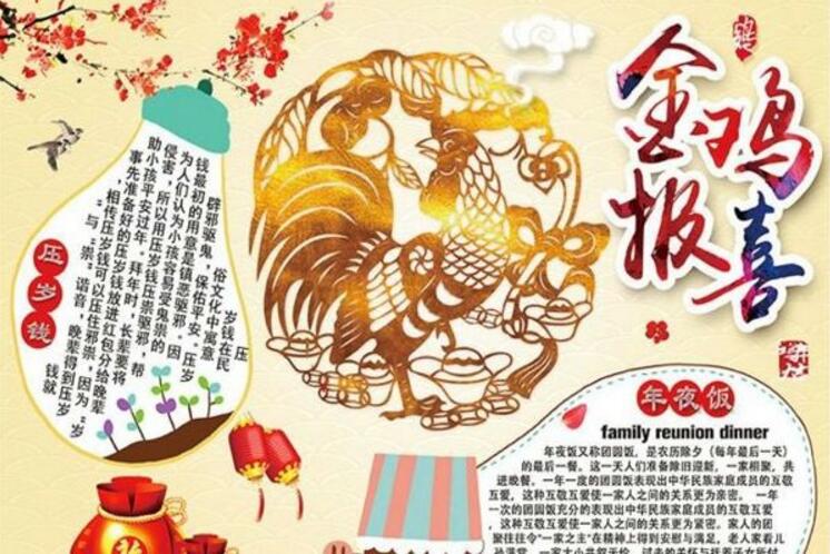 金雞報喜節(jié)日展板，春節(jié)手抄報