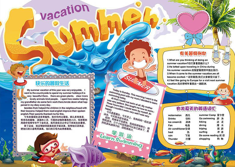 暑假生活英語手抄報，我的快樂暑假