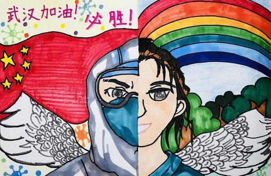 武漢加油兒童手繪圖畫，小學生畫武漢加油的圖畫