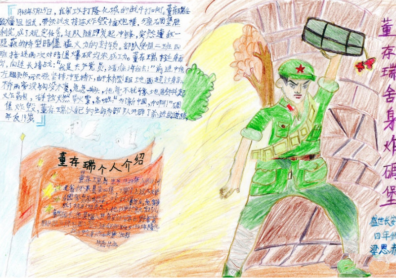 名人故事手抄報(bào)，董存瑞舍身炸碉堡手抄報(bào)