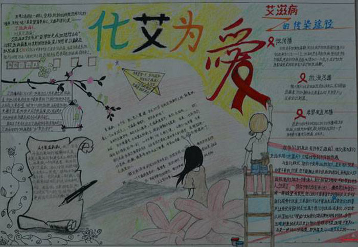 艾滋病手抄報設計圖片，化艾為愛